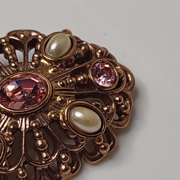 Vintage Gold Tone With Pink Stones Oval Shaped Brooch - Picture 6 of 16